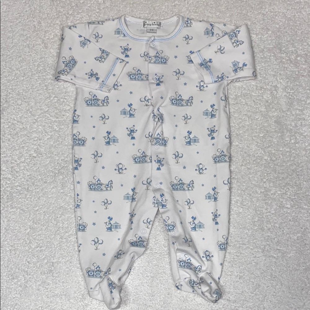 Kissy kissy Pima cotton blue white circus print sleeper pajama 3/6m
